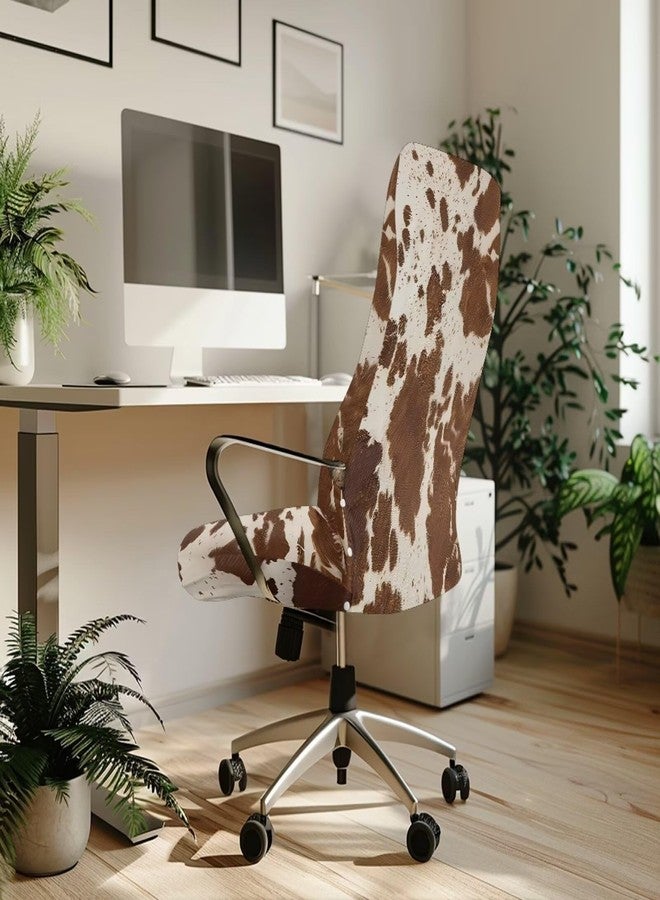 Wanyint Brown Beige Cow Print Office Chair Slipcover Universal Rotating Boss Chair Cover Dustproof Desk Chair Protector Stretchable Fabric Cover with Elatic Bottom, L - Image 3